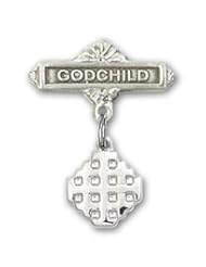 Sterling Silver Baby Badge with Jerusalem Cross Charm and Godchild Badge Pin