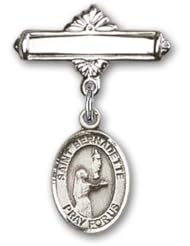 Sterling Silver Baby Badge with St. Bernadette Charm and Polished Badge Pin. Catholic Saint Bernadette Patron Saint of Against Bodily Ills, Shepherds