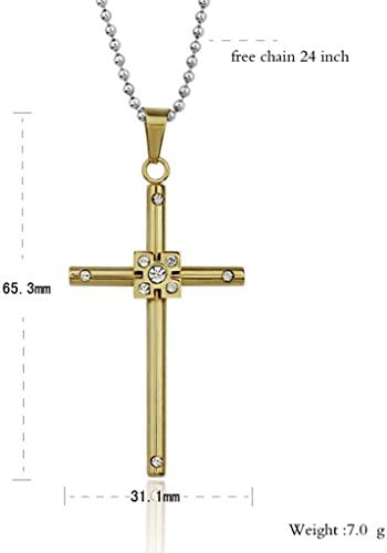 Stainless Steel Cubic Zirconia Pendant Necklace for Men Elegant Cross Gold Length 65.3 MM