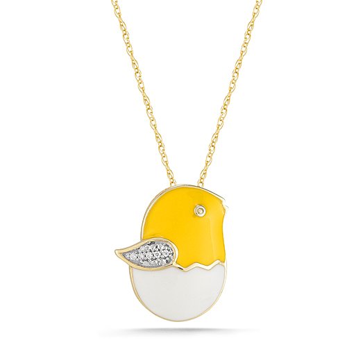 10k Yellow Gold Diamond Yellow and White Enamel Baby Chick Pendant (0.02 cttw, I-J Color, I2-I3 Clarity), 18
