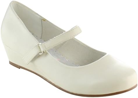 DOTTY SUGARY Children's Girls Round Toe Low Wedge Heel Trendy Mary Jane Shoes, Color:IVORY, Size:1 M US Little Kid