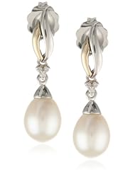 S&G Sterling Silver and 14k Yellow Gold Freshwater Cultured Pearl and Diamond Drop Earrings