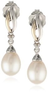 S&G Sterling Silver and 14k Yellow Gold Freshwater Cultured Pearl and Diamond Drop Earrings (0.01 cttw, I-J Color, I3 Clarity)