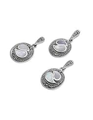 Sterling Silver Pearl Tear Drop Stone Yin Yang Marcasite Earring Pendant Set