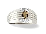 14K White Gold Genuine Oval Smoky Quartz and Diamond Men's Ring