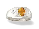 14K White Gold Genuine Oval Citrine and Diamond Men's Ring