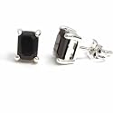 Sterling Silver Rectangle Black Genuine Sapphire Stud Earrings