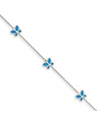 10 Inch 14k White Gold Blue Enameled Butterfly Anklet
