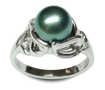 Size 9 14K white gold Caesar Black Tahitian south sea cultured pearl ring
