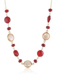 Carnelian Faceted Coin and Rondelle Bead, Freshwater Cultured Pearl Bezel with Gold over Silver Chain and Clasp Necklace, 16"+2" Extender