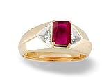 14K Yellow Gold Genuine Emerald-cut Ruby and Diamond Men's Ring