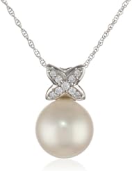 10k White Gold Freshwater Cultured Pearl Diamond Fashion Pendant Necklace (0.07 cttw, G-H, I2 I3 Clarity), 17"