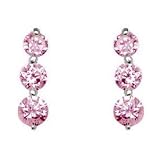 Sterling Silver 3 Stone Style Round Pink CZ Post Earrring - Past Present Future