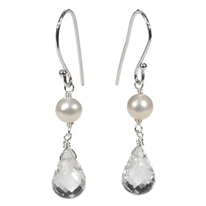 Sterling Silver White Freshwater Cultured Pearl and Crystal Drop Earrings