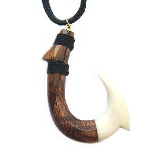 Hawaiian Koa Wood and Bone Fish Hook Necklace