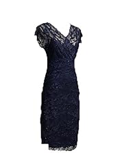 V-neck Satin Sheath Knee Length Lace  Beaded Pleated Mother-of-the-Bride Dress  With Ruffles