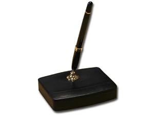 Black Leather Single Pen Stand with Gold Accents