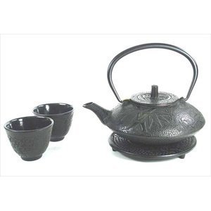 Black Color Cast Iron Tea Set Bamboo #ts7-06bk