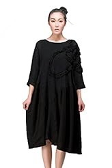 Linen 3/4 Sleeves Vintage Applique  Dress