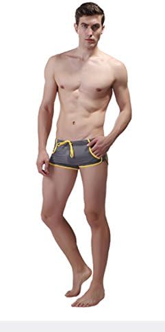Koson-Man Men's Solid Swimwear Swimming Trunks (Grey Yellow Size L)