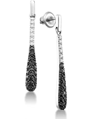 10K White Gold Channel Set Round White and Black Diamond Dangle Earrings with Screw Back Closure - (.77 cttw)