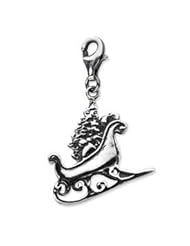 Sterling Silver 2-D Antiqued Sleigh Clip On Charm with Lobster Clasp in Gift Box