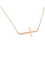 High Polished 14K Solid Pink Rose Gold Sideways Cross Necklace with Rolo Link Chain - Available in 16" and 18"
