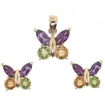 3.0cttw Amethyst, Citrine, Peridot, and Rhodolite 10K Yellow Gold Butterfly Pendant and Earrings Set