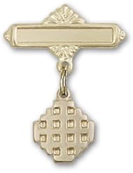 Gold Filled Baby Badge with Jerusalem Cross Charm and Polished Badge Pin