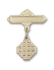 14K Gold Baby Badge with Jerusalem Cross Charm and Polished Badge Pin