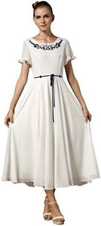 Miaoyifashion Women's Retro Style Elastic Waist Long Chiffon Dress M White