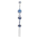 3 Jeweled CZ Blue Double Heart Navel Belly Button Dangling Ring. 14g 316L surgical stainless steel.