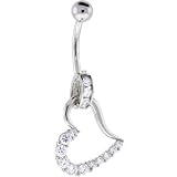 Solid 14KT White Gold Cubic Zirconia HOLLOW HEART CHARM Belly Ring