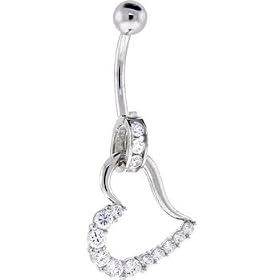 Solid 14KT White Gold CZ HOLLOW HEART CHARM Belly Ring by Belly Rings in 14K Gold