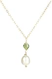 Gold Plated Sterling Silver Peridot Crystallized Swarovski Elements Bicone Bead and White Freshwater Cultured Pearl Drop Pendant Necklace, 18