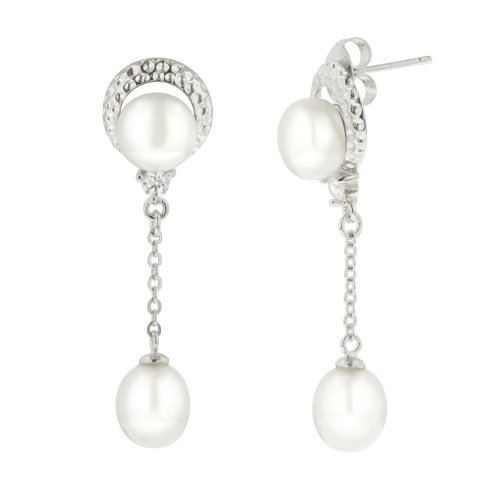 Sterling Silver Hammered Freshwater Cultured Pearl and Cubic Zirconia Drop Earrings