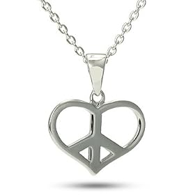 Sterling Silver Heart Peace Sign Fashion Pendant Necklace