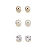 14k Yellow Gold 3 Pair Earring Set 3mm Ball, Pearl, and White Cubic Zirconia Studs