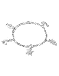 925 Sterling Silver Charm Bracelet with Turtle, Dolphin and Penguin Charms and Hand Set CZ Stones - 7.5"