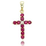 .04 carat Round Diamond .55 ct Ruby Prong Set 14K Yellow Gold Charm Cross Pendant