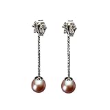 Dainty Sweet Butterfly Dangling Pearl Earrings in Sterling Silver, Peach Pink
