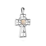 14K White Gold Round Genuine Opal Celtic Cross Pendant