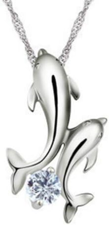 Platinum-plated "Crystal Fashion" Crystal Studded Pendant with 18" Platinum-plated Fashion Necklace Set with Imported Crystal Elements - White Dolphins (XM-N324)
