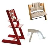 Stokke Tripp Trapp High Chair, Cushion, and Baby Rail - Red with Tan and White Stripe Cushion