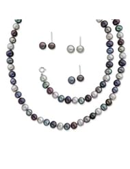 Sterling Silver FW Cultured Pearl 18 in Neck. 7.25 in Bracelet & 3 Piece Earring Set