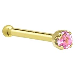 Solid 14KT Yellow Gold 2mm Pink Cubic Zirconia Nose Bone - 18Gauge