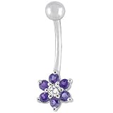 14K White Gold .06 ct tw Diamond Amethyst Flower Belly Ring