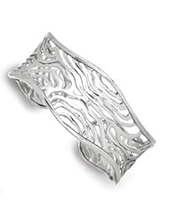 Sterling Silver 21mm Abstract Wavy Design Cuff Bangle Bracelet