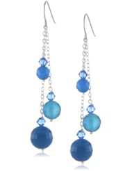 Faceted Dyed Blue Color Agate Round and Swarovski Elements Bicone Bead Drop Earrings Sterling Silver Chain and Earwire