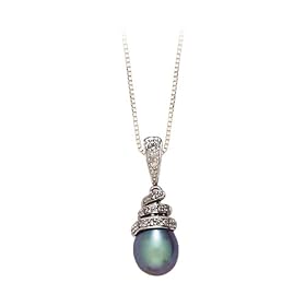 14K White Gold 0.04 ct. Diamond and Black Fresh Water Pearl Pendant with Chain by Katarina Jewelry